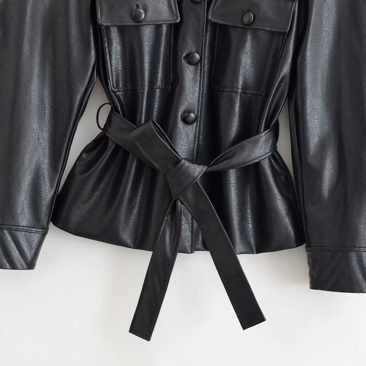 Dam Tailored Jacka i Konstläder med Tie Belt, Stå Krage och Lock Fickor