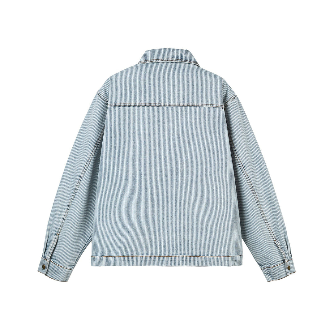 Dam Oversized Denim Jacka i Workwear Stil med Fin Ränder och Tvåvägsdragkedja
