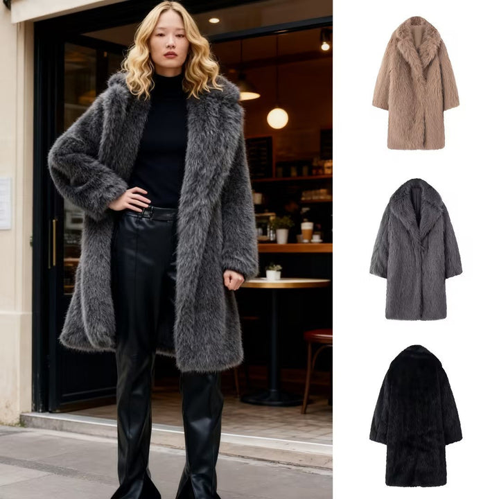 Dam Lång Oversized Konstpäls Kappa med Voluminous Sjalrakrage