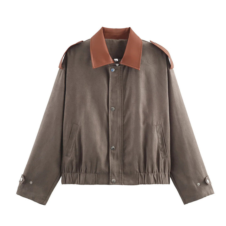 Dam oversized kort jacka med kontrast krage, axel patches och elastic waist drawstring