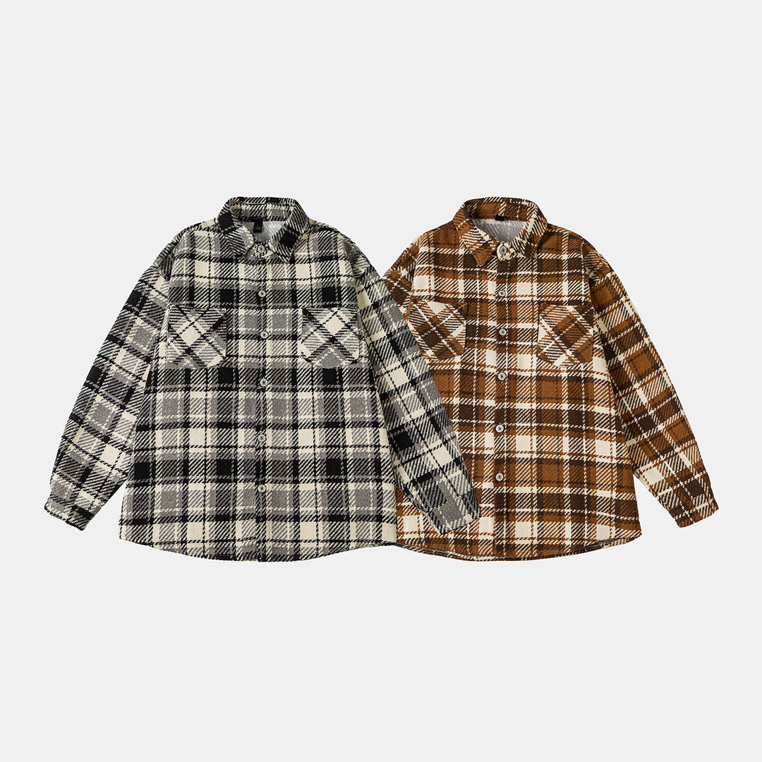 Unisex Rutig Overshirt Jacka i Shacket Stil med Patched Bröst Fickor och Avslappnad Oversized Passform