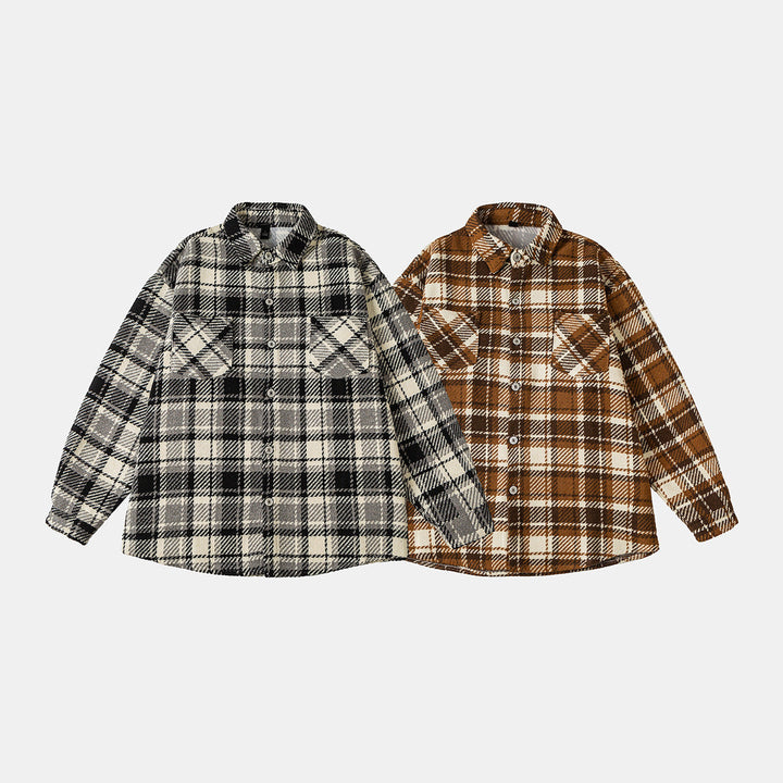 Unisex Rutig Overshirt Jacka i Shacket Stil med Patched Bröst Fickor och Avslappnad Oversized Passform