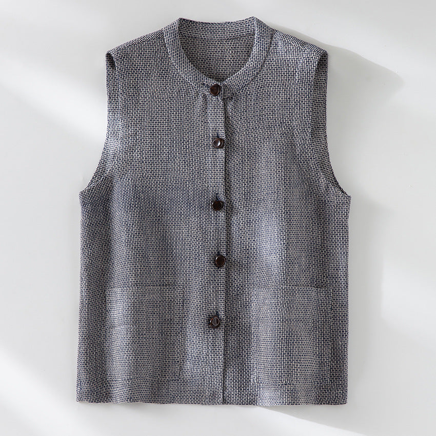 Dam ärmlös Textured Knit väst med Round Neckline, knappslå och utanpåfickor
