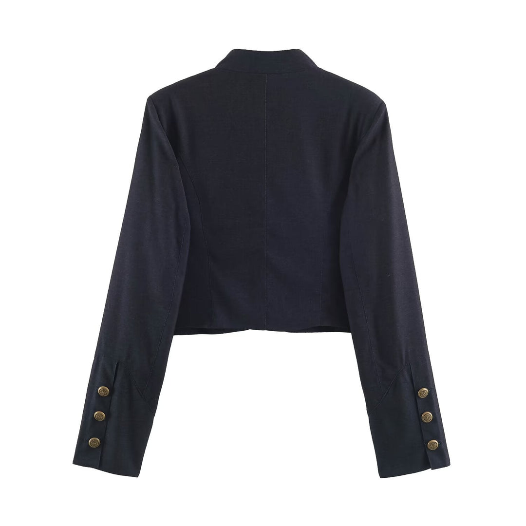 Dam Kort Bolero Blazer med Lace Front och Dekorativ Knapp Details
