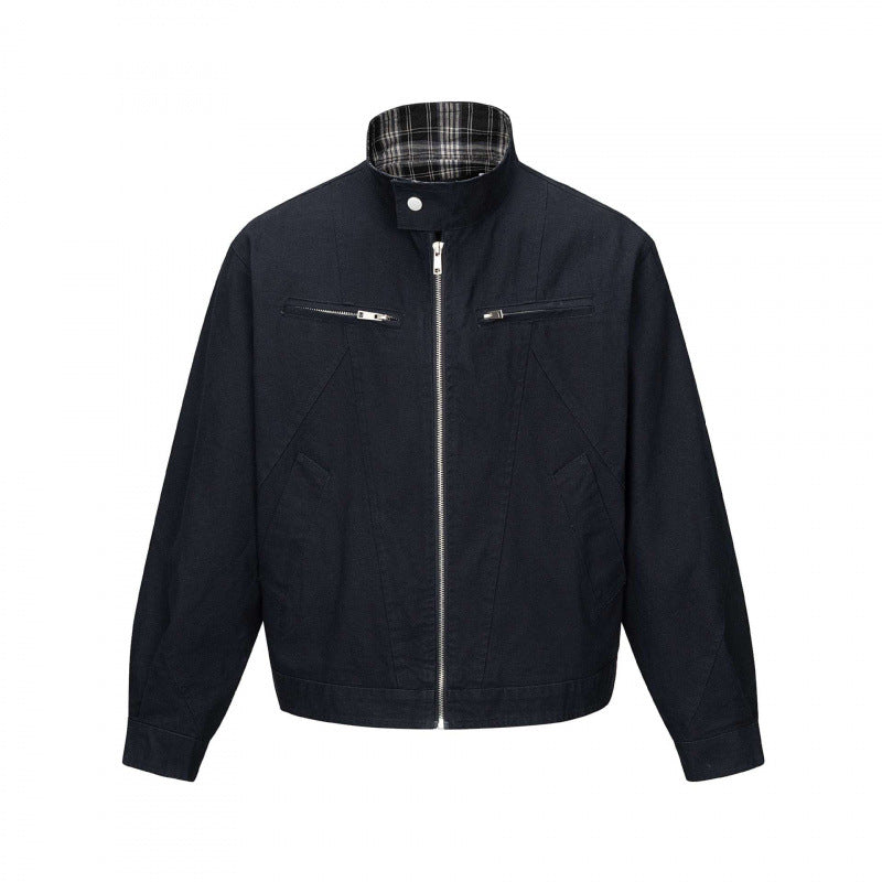 Herr cropped canvas blouson jacka med ståkrage, fickor med dragkedja, och rutig foder