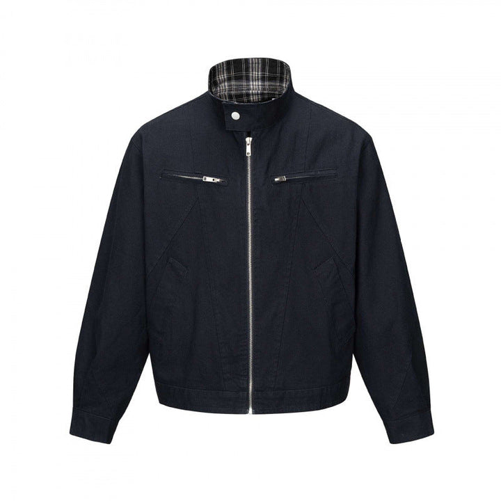 Herr cropped canvas blouson jacka med ståkrage, fickor med dragkedja, och rutig foder