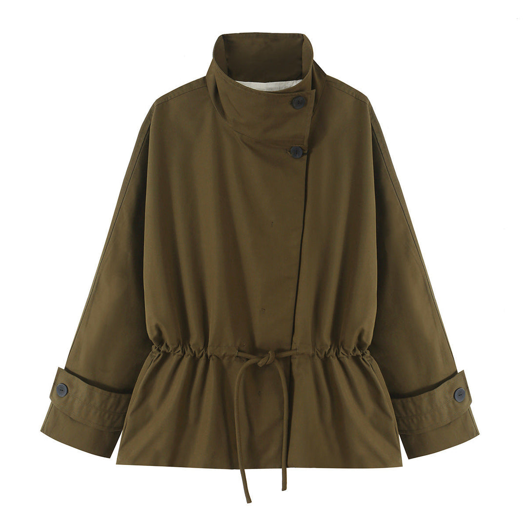 Dam Kort Skärning Övergångsjacka med Hög Stå Krage och Waist Drawstring