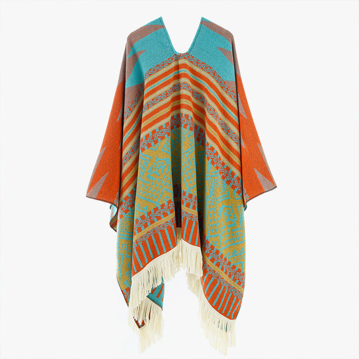 Dam Woven Jacquard poncho med V-Neck, Ethno tryck och Fringes