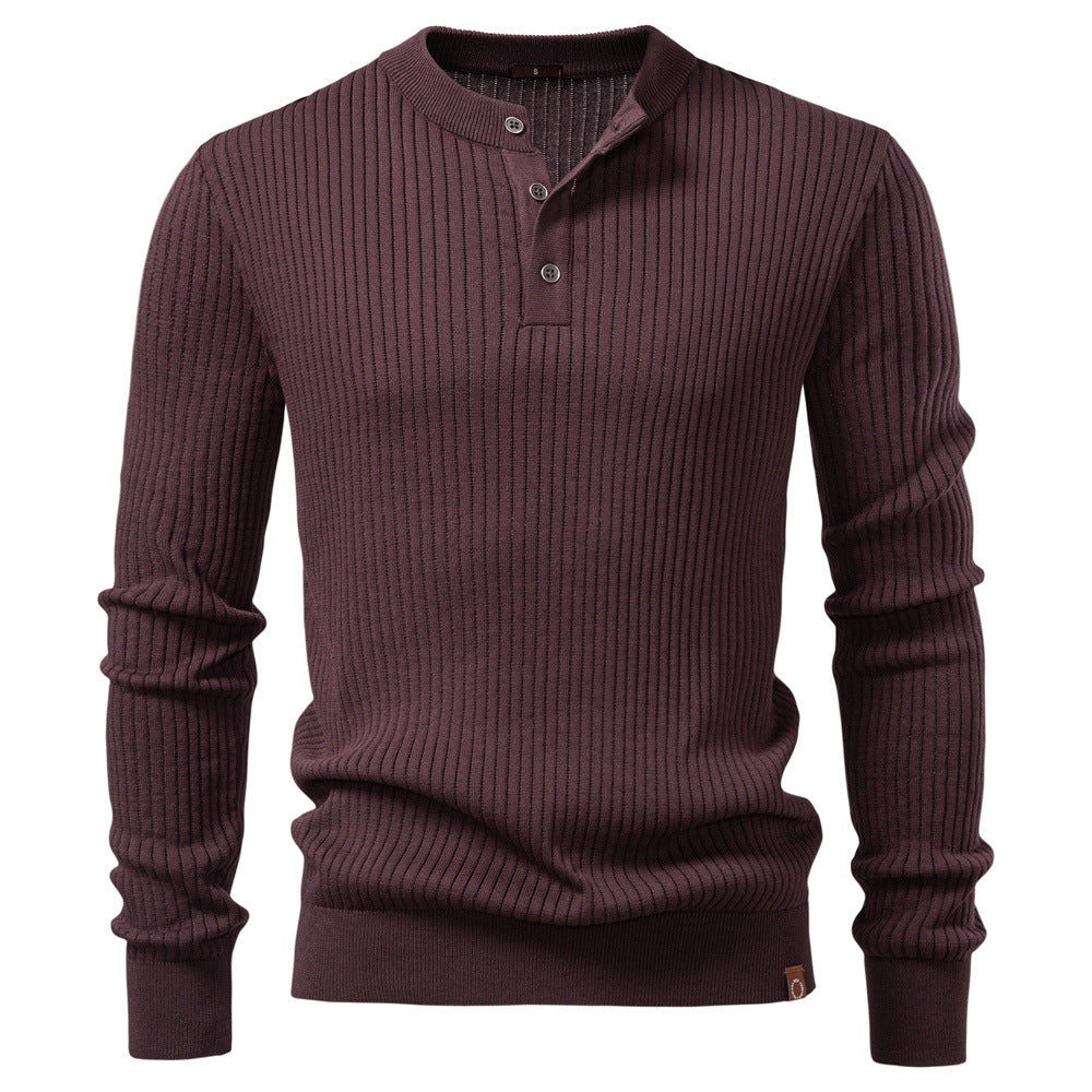 Herr Ribbad Lång-Ärm Henley Pullover med Ståkrage, Fin Rib Stickad och Smal Passform