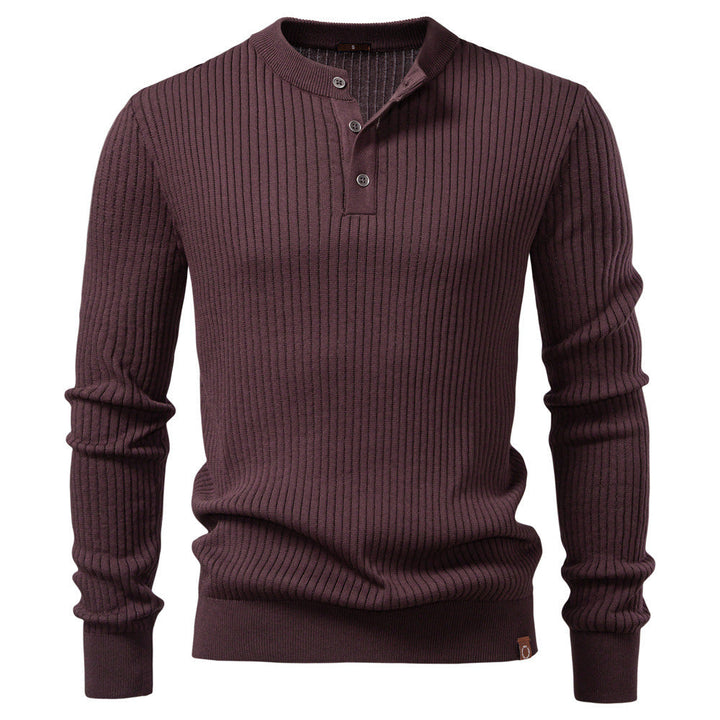 Herr Ribbad Lång-Ärm Henley Pullover med Ståkrage, Fin Rib Stickad och Smal Passform