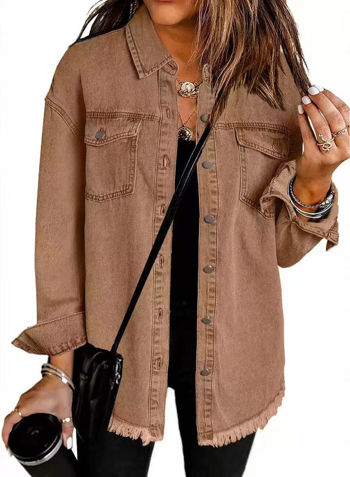 Dam oversize denim skjortjacka med Fringes och bröstfickor