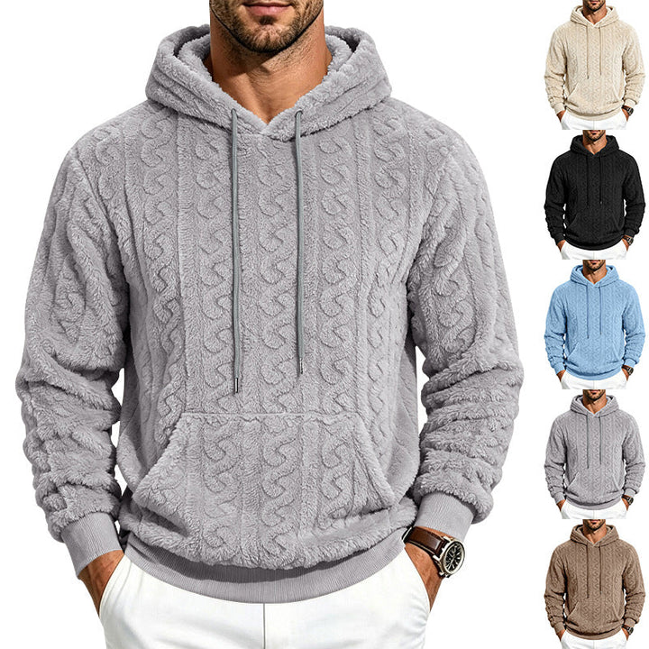 Herr Teddy Fleece Pullover med Cable Mönster, Huva och Känguruficka