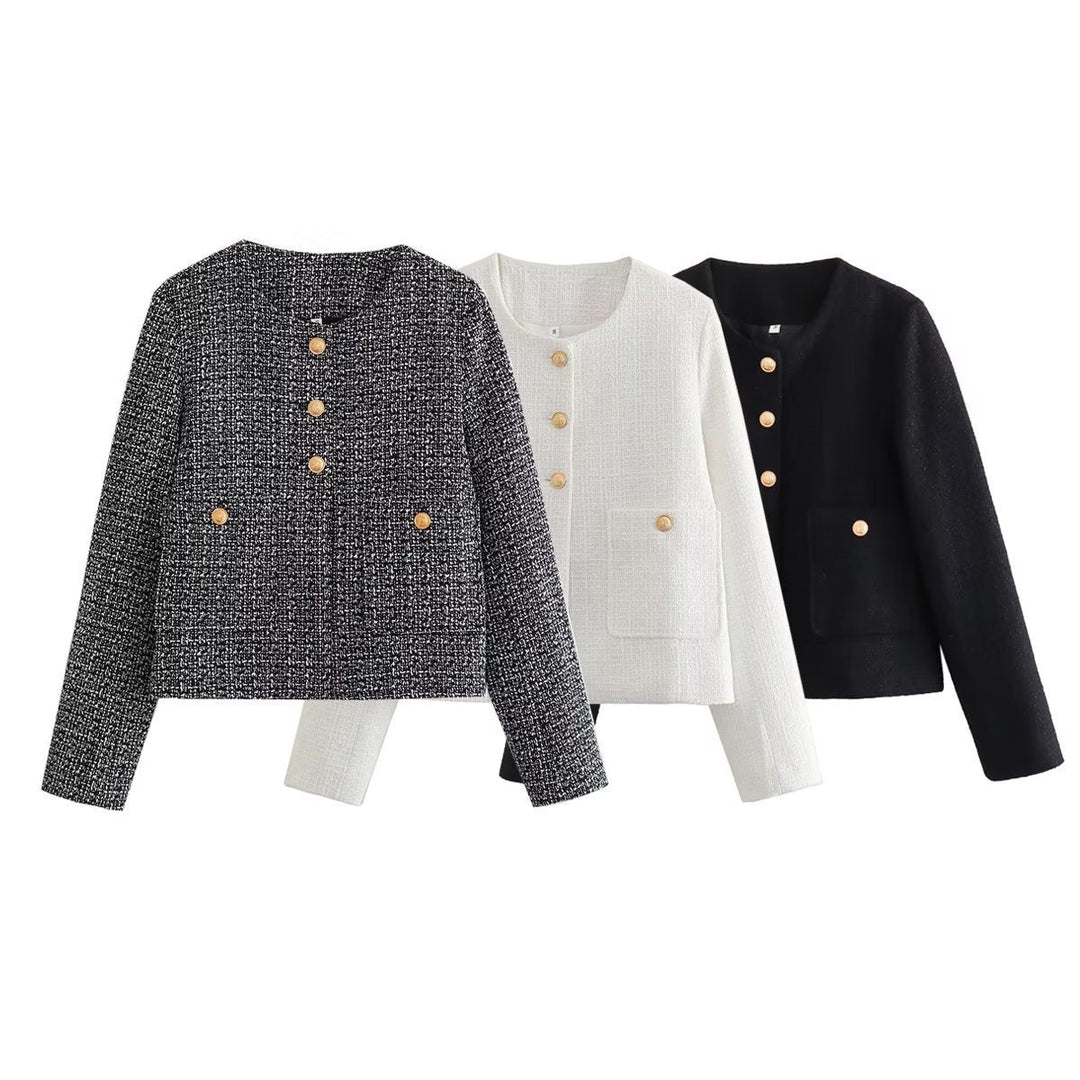 Dam kort-skärning tweed jacka med boucle structure, round neckline och decorative gold knappar