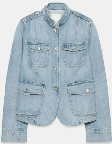 Dam Utility-Stil Denimjacka med Stå Krage, Flapped Fickor, och Shoulder Patches
