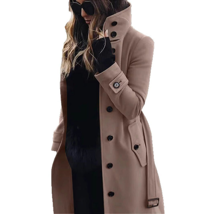 Dam lång skärning trenchcoat med hög ståkrage, knappslå och midjebälte look