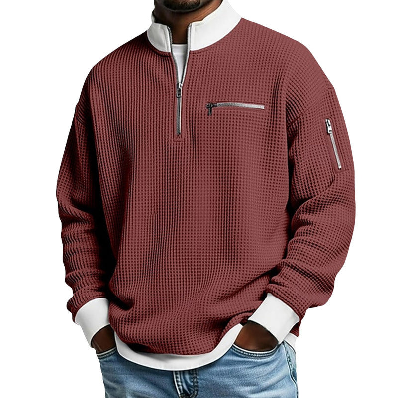 Herr Sportig Kvartsdragkedja Pullover med Textured Mönster