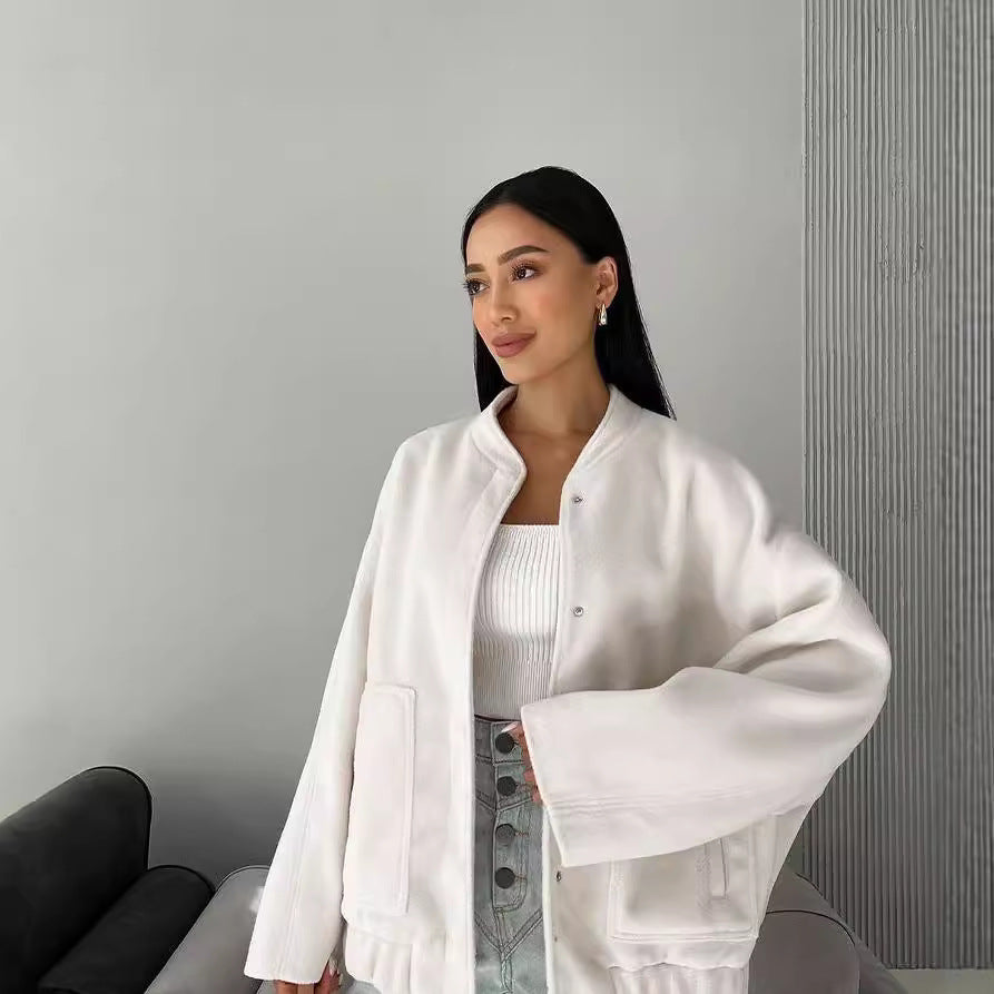 Dam kort skuren boxy ullblandning blouson med snap knappslå och utanpåfickor