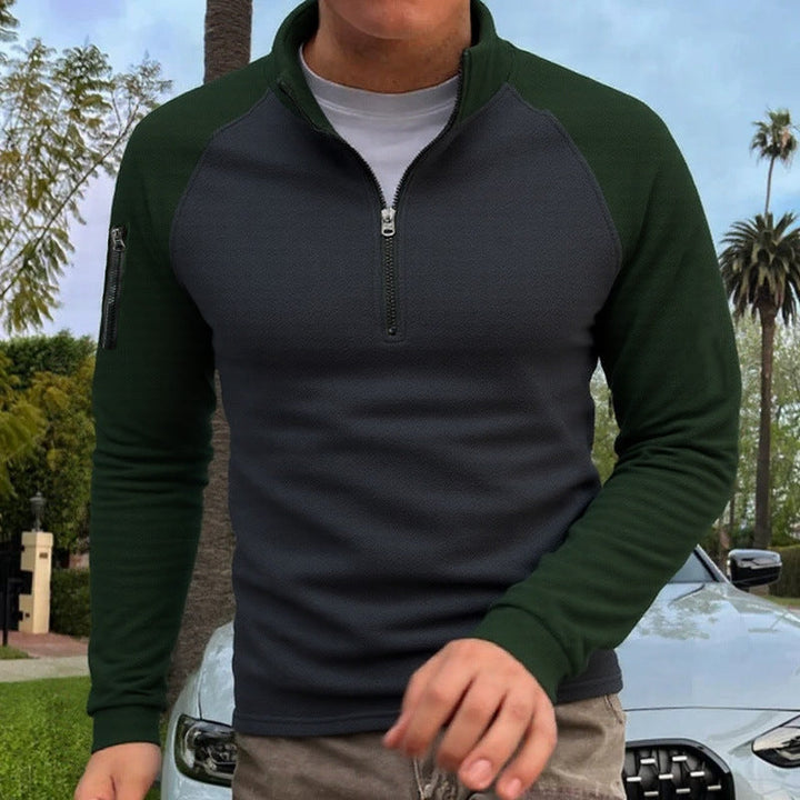 Herr Smal Passform Halv Dragkedja Pullover med Raglanärmar, Waffle Texture, och Ärm Ficka