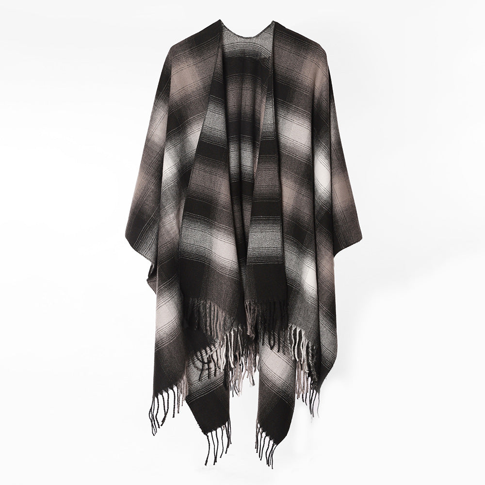 Dam Oversize ullblandning poncho Cape med Ombre Check mönster och fransfåll