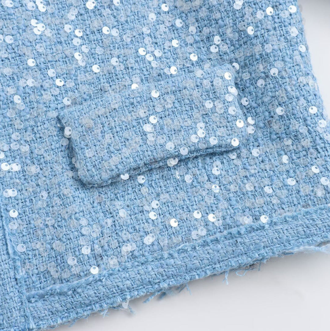 Dam Kort Kort Boucle Tweed Jacka med Sequin Kant och Lockfickor