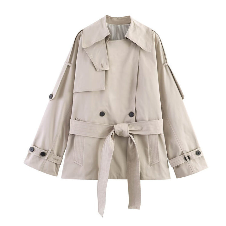Dam kort skärning oversize trenchcoat med bälte och double-breasted knappslå