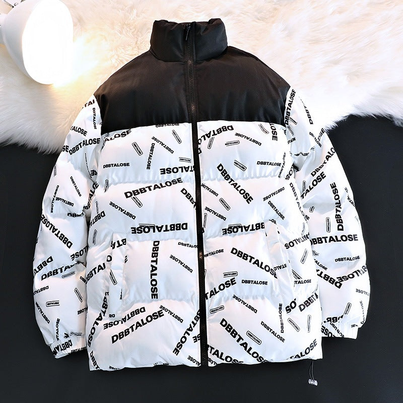 Unisex vadderad kviltad jacka med Allover Logo tryck, hög ståkrage &amp; justerbar fåll