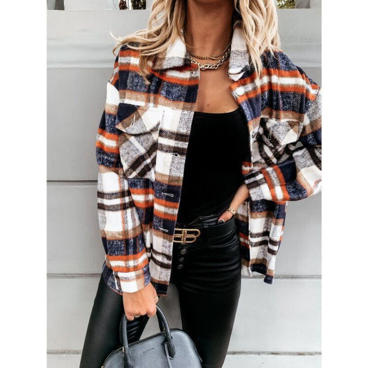 Dam oversized Check Shirt jacka med Snap knappar och Patch bröstfickor