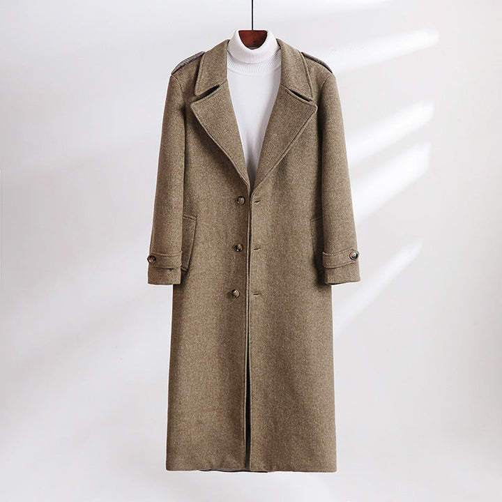 Herr Maxi-Length Ullblandning Overcoat med Boxig Siluett, Sjalkrage Krage och Dekorativa Axelklaffar