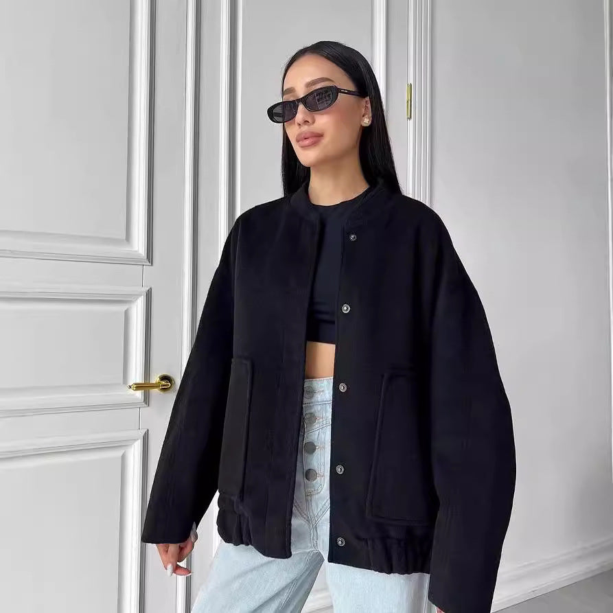 Dam kort skuren boxy ullblandning blouson med snap knappslå och utanpåfickor