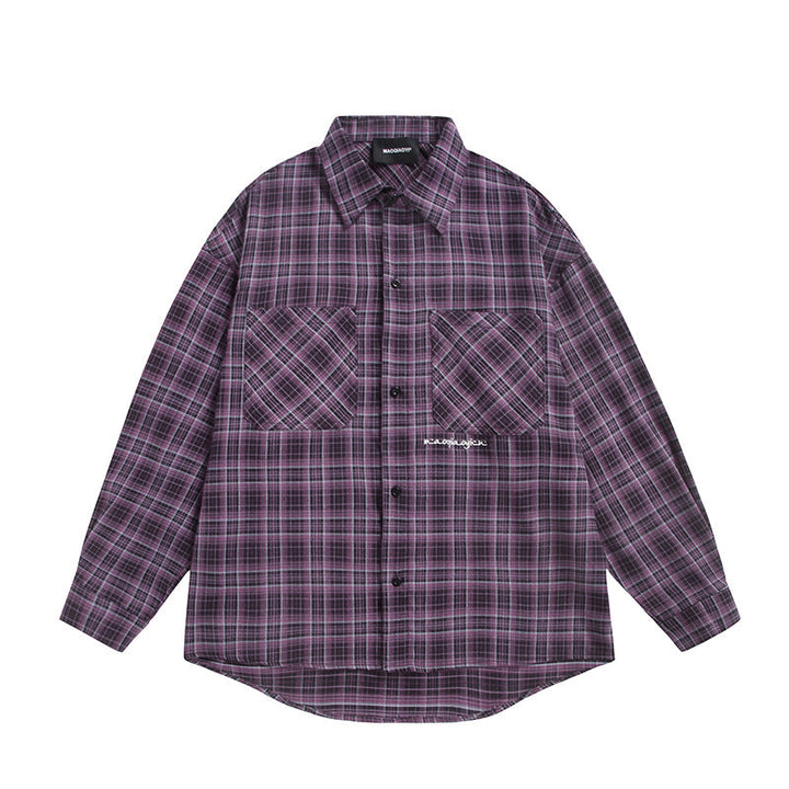 Unisex Check Skjorta Jacka i Boxig Skärning med Stor Bröst Lockfickor och Extended Fåll