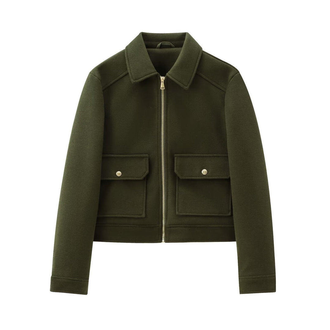 Dam Kort Boxig Jacka i Suede Look med Stå Krage, Dragkedja och Patch Fickor