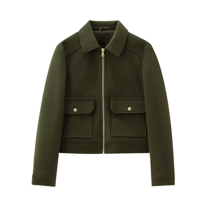 Dam Kort Boxig Jacka i Suede Look med Stå Krage, Dragkedja och Patch Fickor