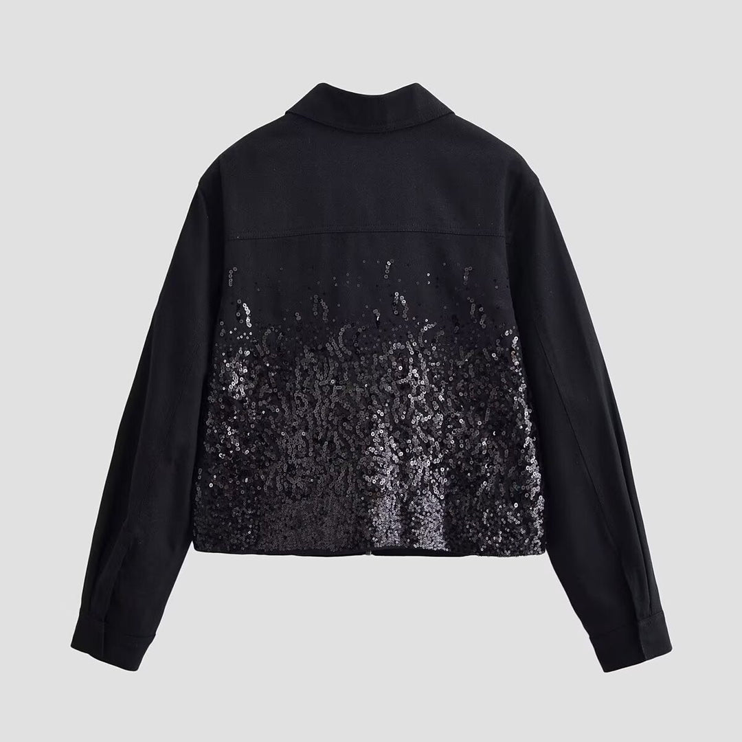 Dam Kort Jacka med Hel-Length Dragkedja och Gradient Sequin Kant