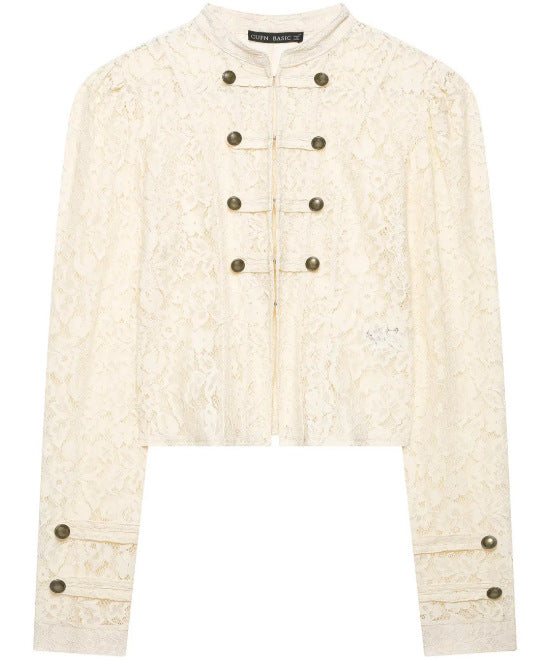 Dam Kort Lace Jacka i Military Look med Stå Krage och Dekorativ Knapp Knäppning