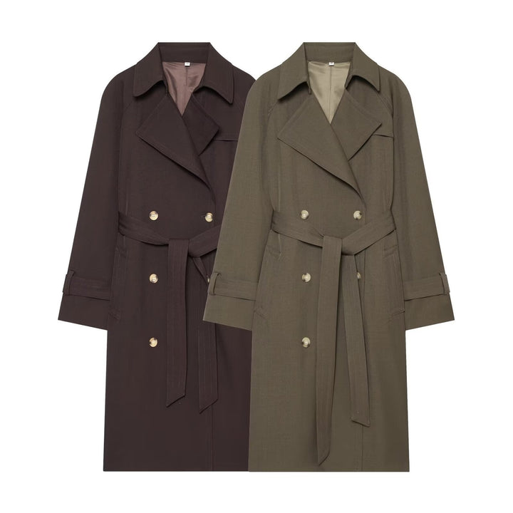 Dam lång double-breasted trenchcoat med knytband och raglan ärmar