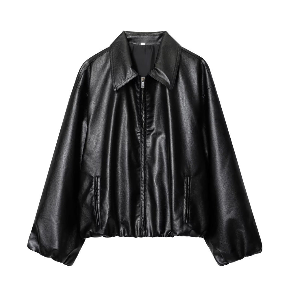 Dam kort skuren oversize blouse jacka gjord vegan läder med skjortkrage och elastic fåll
