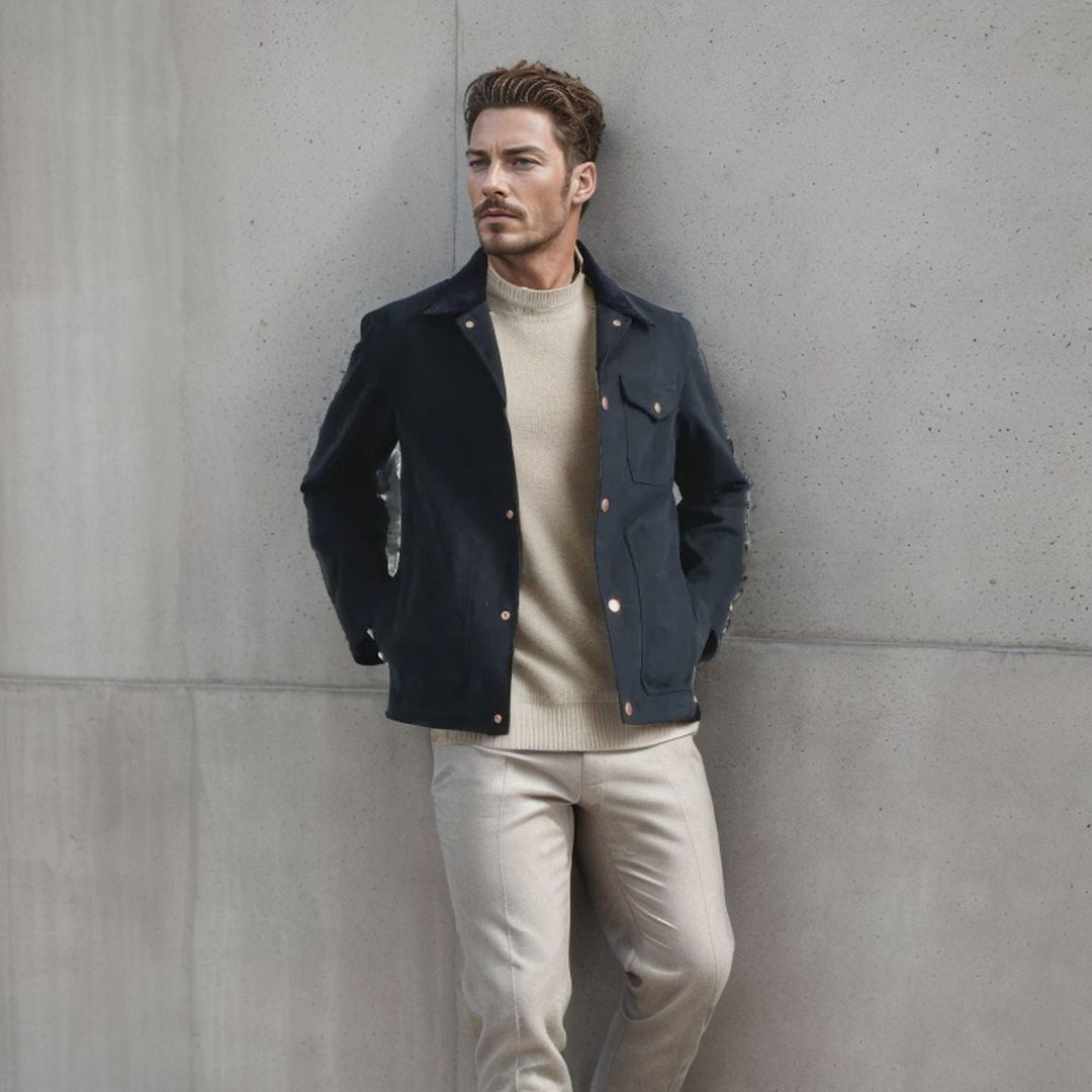 Herr robust canvas chore jacka med cord krage och applicerade utanpåfickor