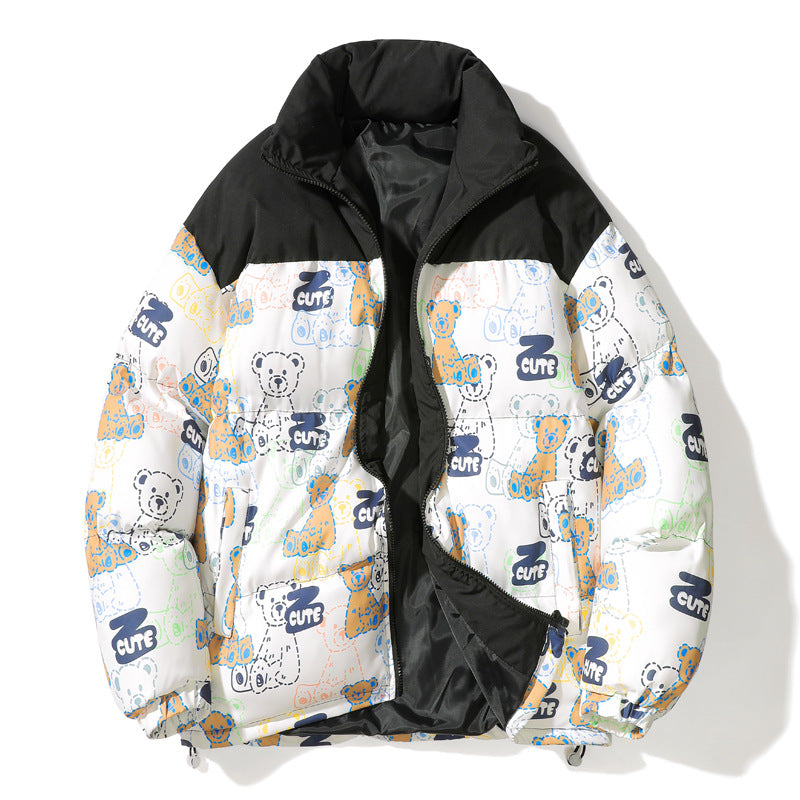 Unisex kviltad teddy-tryck pufferjacka med hög krage