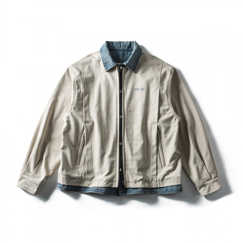 Herr kort skärning lagered look blouson jacka med denim krage