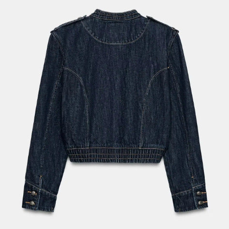 Dam Kort Denimjacka med Mandarin Krage, Dekorativ Knapp Knäppning och Shoulder Patches
