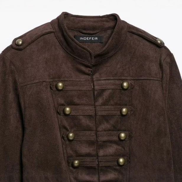 Dam Military Jacka Tillverkad av Suede Imitation med Stå Krage och Flounce