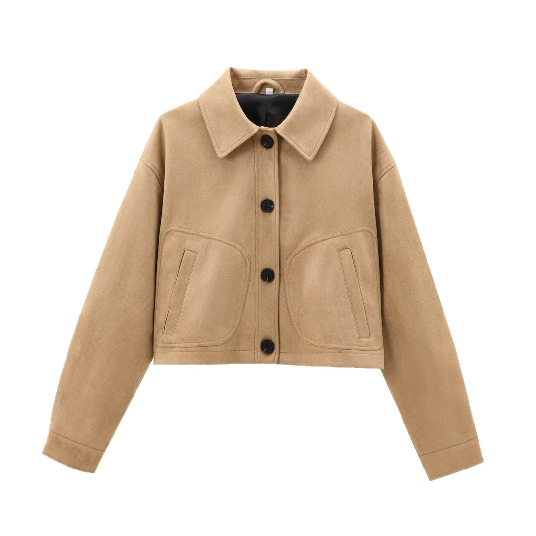Dam Kort Boxig Övergångsjacka i Velvet Look med Skjort Krage och Patch Fickor