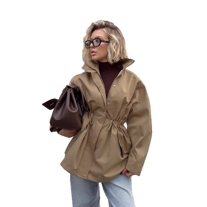 Dam kort Parka med midja dragsko och hög krage