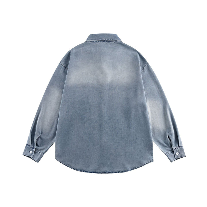 Unisex Oversized Denim Skjorta Jacka med Rounded Fåll och Embroidered Bröst Motif