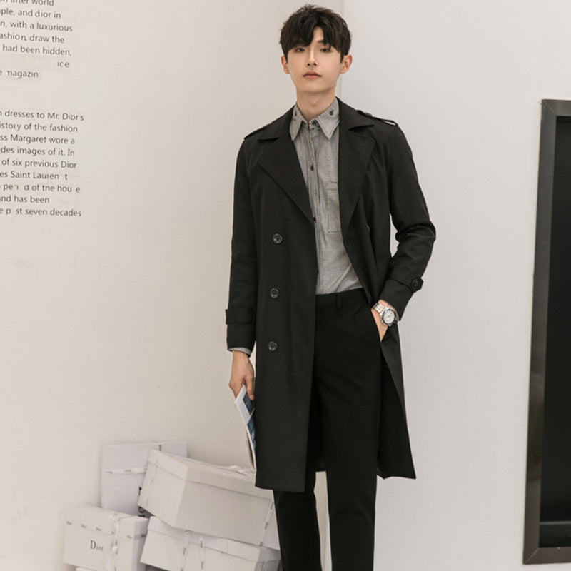 Herr Elegant Knälång Trench Kappa Tillverkad av Lätt Funktionell Tyg med Midja Bälte