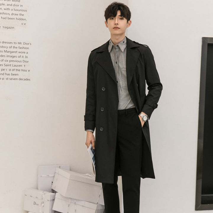 Herr Elegant Knälång Trench Kappa Tillverkad av Lätt Funktionell Tyg med Midja Bälte