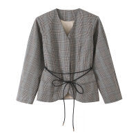 Dam Tailored Box Blazer Jacka i Glencheck med V-Neck och Cord Tie Belt