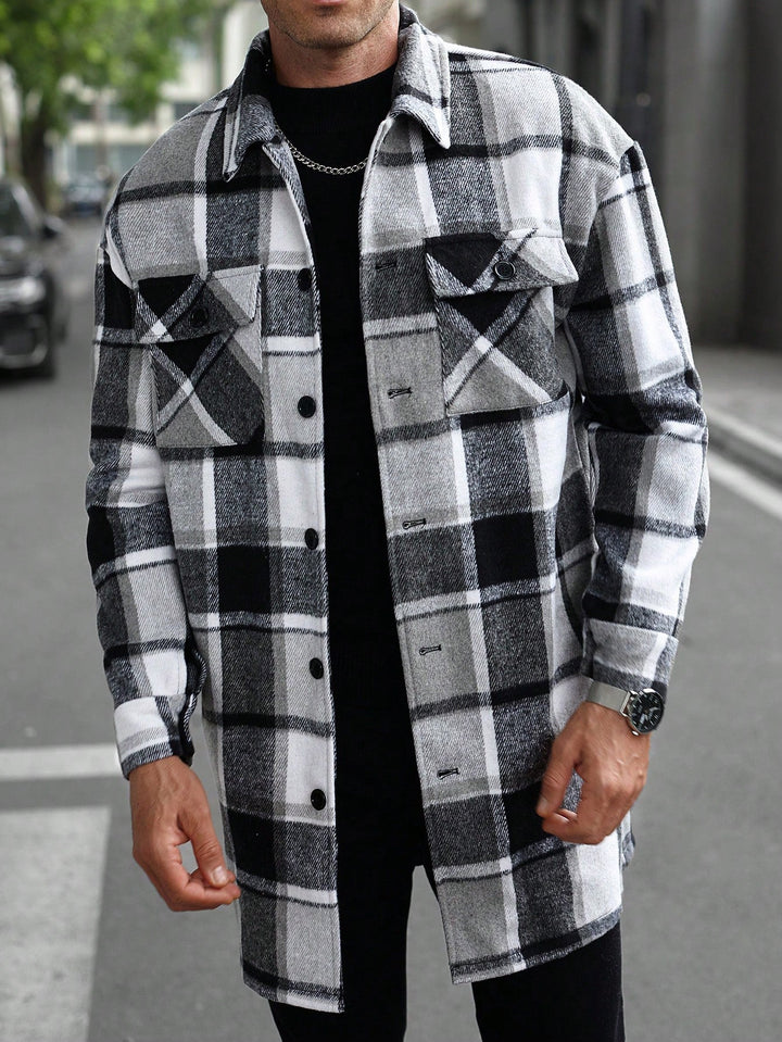 Herr rutig longline overshirt med patch bröstfickor och knäppslå