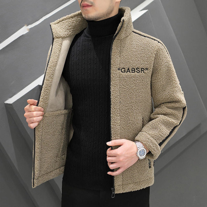 Herr Teddy Fleece Blouson med Ståkrage, Dragkedja och Kontrast Ränder
