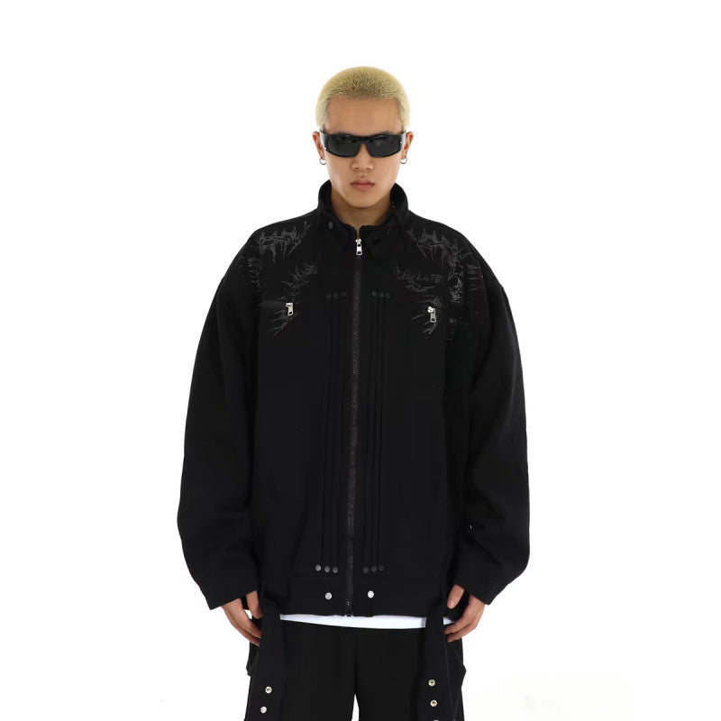 Herr Oversized Utilityjacka med Embroidery, Ståkrage, Dragkedja och Long Straps